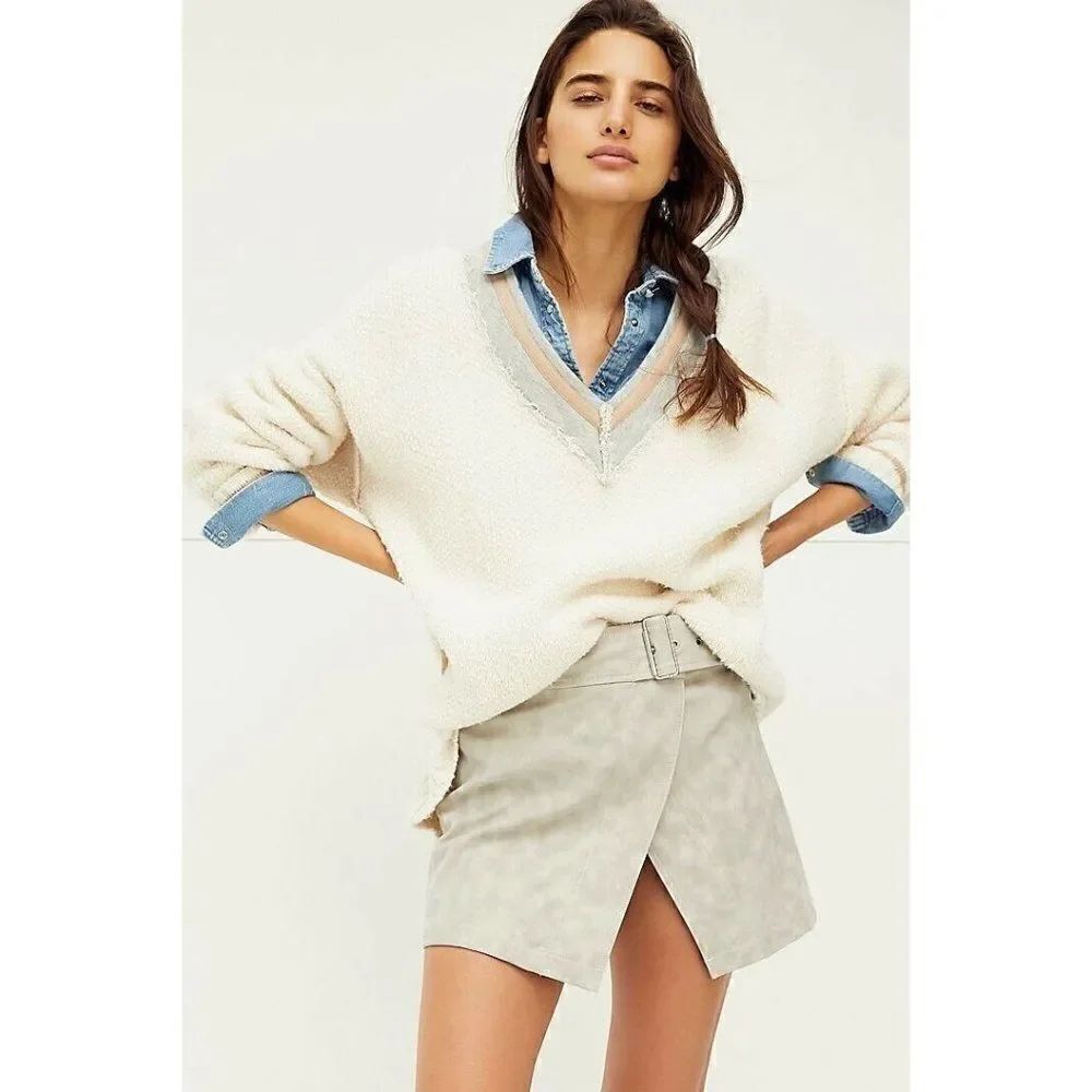 NWT FREE PEOPLE Sz S STEFFIE V NECK VARSITY STRIPE OVERSIZED PULLOVER SWEATER
